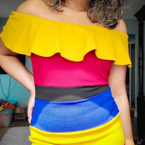 Multicolor Rainbow Stripe Off the Shoulder Dress - Picture 5 of 8